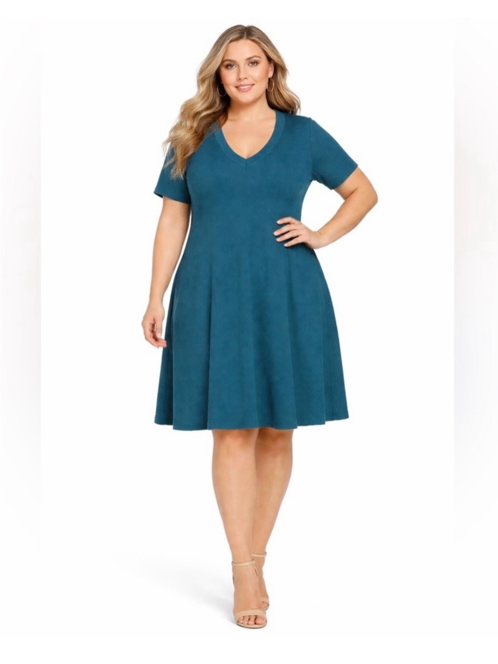 Lane Bryant Ribbed V-Neck Sweater Knit Fit & Flare Teal Dress A-line Size 22/24